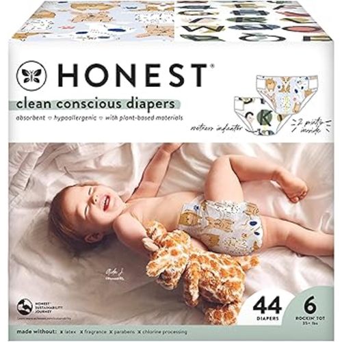 The Honest Company Clean Conscious Diapers | Plant-Based, Sustainable | All The Letters + It's a Pawty | Club Box, Size 6 (35+ lbs), 44 Count