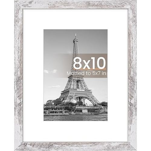 upsimples 8x10 Picture Frame, Display Pictures 5x7 with Mat or 8 x 10 Without, Wall Hanging Photo Frames, Rustic White, 1 Pack