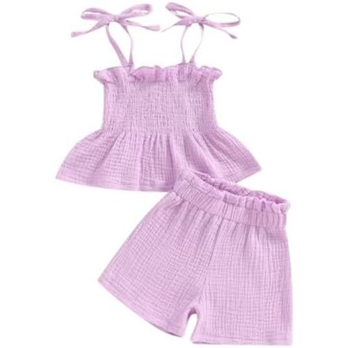 VISGOGO Infant Baby Toddler Girls Summer Clothes Solid Color Sleeveless Camisole Linen Short Set Baby Summer Outfits