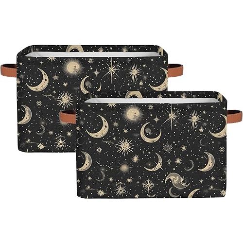 Moon and Stars Rectangle Storage Basket Vintage Galaxy Foldable Storage Bin Cubes with Handles Large Organizer Bins Boxes Toy Closet Shelf Nursery Laundry Basket Home Decor