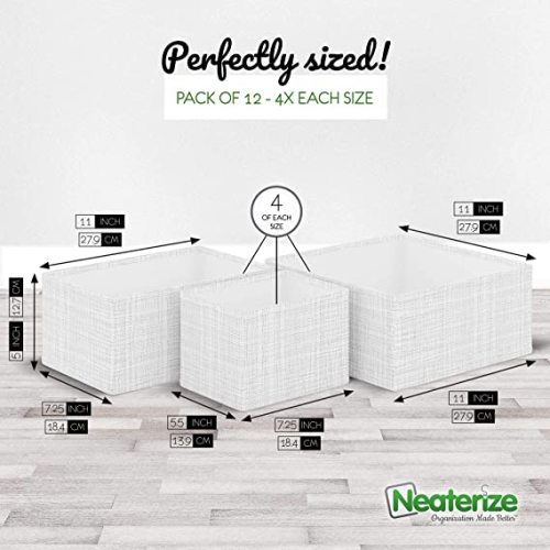 NEATERIZE Drawer Organizer - [Set Of 12] - Closet Organizer and Storage Baskets| Foldable Cloth Drawers Divider | Fabric Bin For Dresser & Shelves |Organize Underwear, Socks, Bra, & Tie’s (White-Grey)