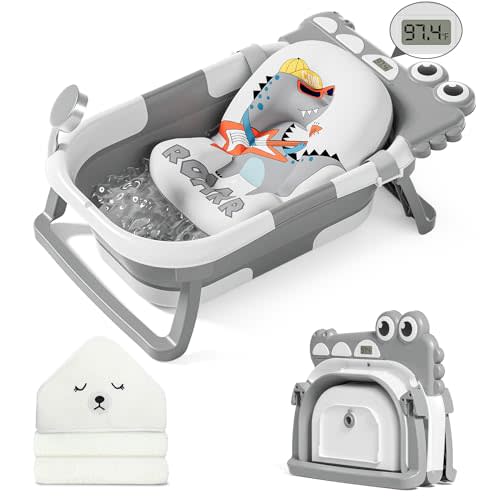 MoreFeel Collapsible Baby Bathtub for Newborn with Thermometer & 1 Hooded Towel & 1 Soft Floating Cushion,Portable Travel Bathtub with Drain Hole, Durable Foldable Baby Tubs for Infants to Toddler