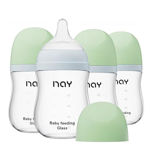 Biberón de vidrio natural con cuello ancho, anticólicos, transparente, 5,4 oz (paquete de 4), incluye 4 tetinas Natural Response, 1 mes o más