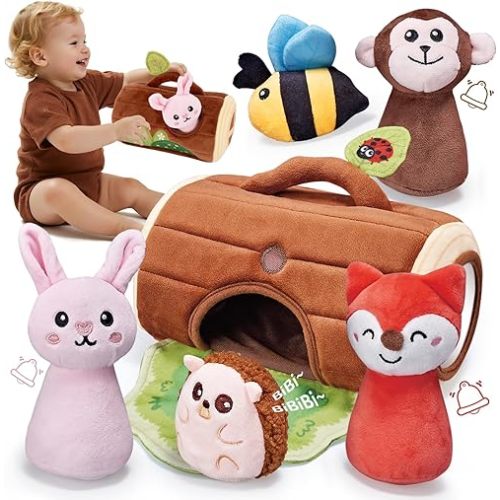 Baby Toys 6-12 Months - Soft Plush Jungle Stuffed Animal Sensory Set with Rattle, Squeaker & Mirror, Montessori Cause & Effect Toys, Easter Gifts Easter Basket Stuffers for Baby Boys Girls