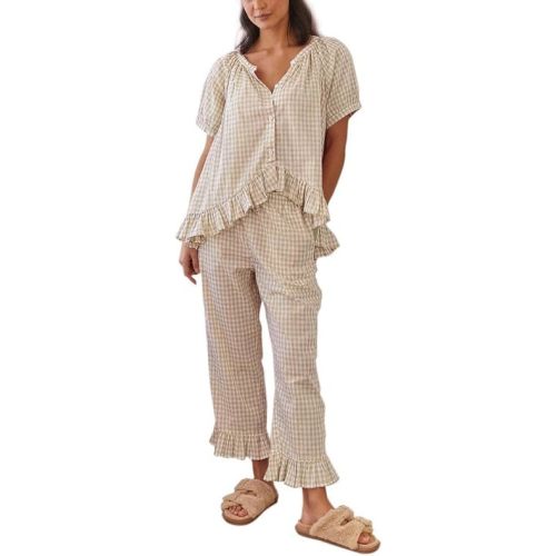 Argeousgor Women Plaid 2 Piece Pajama Set Button Down Puff Sleeve Babydoll Shirt Gingham Pants Pj Lounge Set Sleepwear