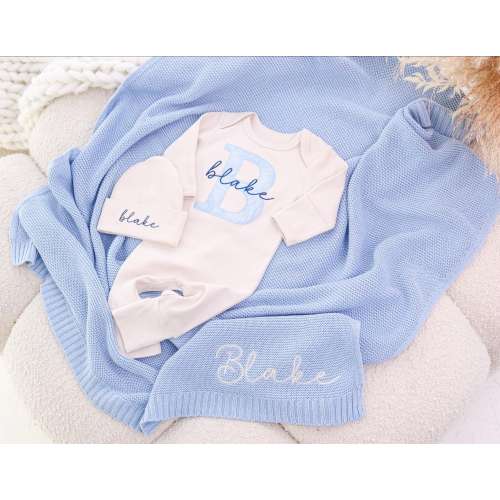 Personalized Baby Boy Set, Oat Romper with Hat with Light Blue Blanket, Custom Embroidered Name, Newborn Outfit, Blanket, Baby Shower Gift
