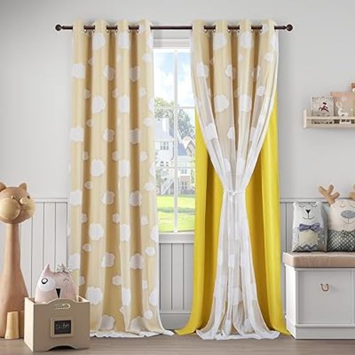 Yellow Double Layer Curtains for Bedroom Room Darkening Kids Curtains 95 Inches Long Cloud Pattern Sheer Curtains Grommet Top for Living Room Set of 2 Panels, 52 X 95 Inch