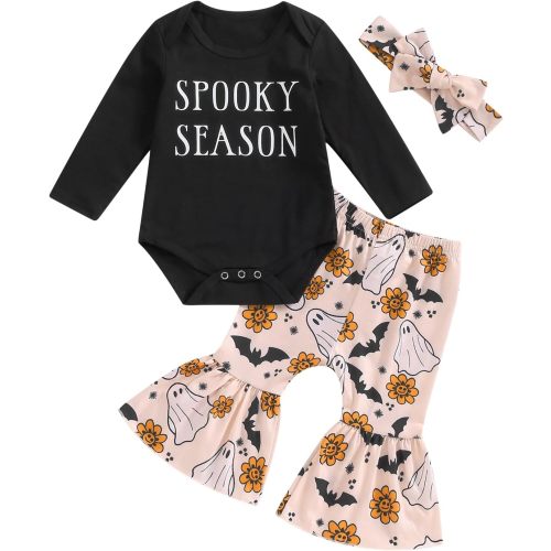 fhutpw Newborn Baby Girl Halloween Clothes Long Sleeve Romper Tops Pumpkin Bell-Bottom Pants Headband Infant Fall Outfits - 3-6 Months - A- Black Spooky Season