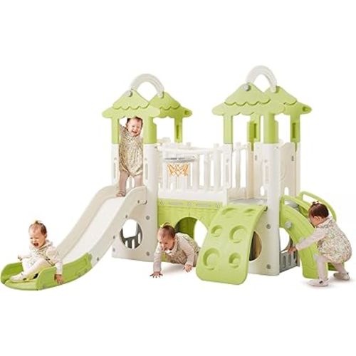 Merax 8-in-1 Jungle Slide for Toddlers, Indoor Outdoor Kids Slide with Basketball Hoop, Telescope and Climbing Wall, Indoor Slide Playset for Toddlers 1+