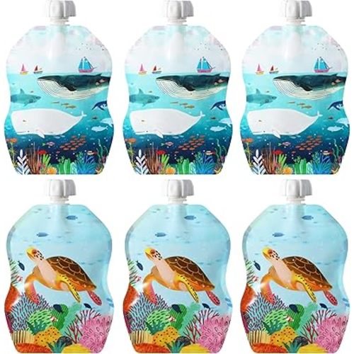 ChooMee Reusable Baby Food Storage Pouches, 8 oz | Ideal for Baby Food, Smoothies and Purees | Secure Double Lock Zipper, Wide Bottom, BPA Free | SnakPack Sealife 6 CT