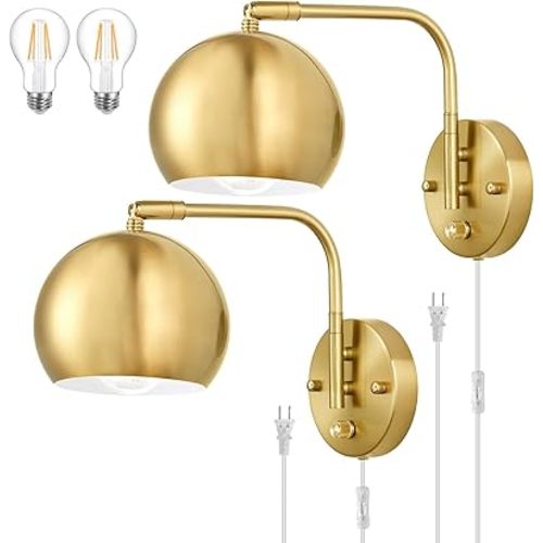 Wall Sconces Plug in, Dimmable Wall Sconce Swing Arm Wall Lights with Plug in Cord and Dimmer On/Off Knob Switch, Brushed Brass Globe Wall Light for Bedroom Bedside Hallway(2 Bulbs Included)