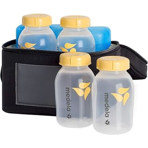 Medela Breast Milk Storage Cooler Bag with Contoured Ice Pack, 4 Bottles and Lids, Convenient Breastmilk Transport