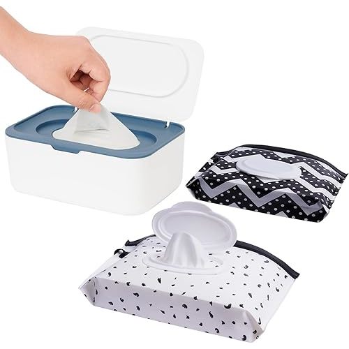 Wipes Dispenser with 2 Portable Wipe Cases, Wipe Holder for Baby & Adult, Seposeve Refillable Wipe Container, Keeps Wipes Fresh, One-Handed Operation. Easy Open/Close Wipes Pouch Case, (Blue)