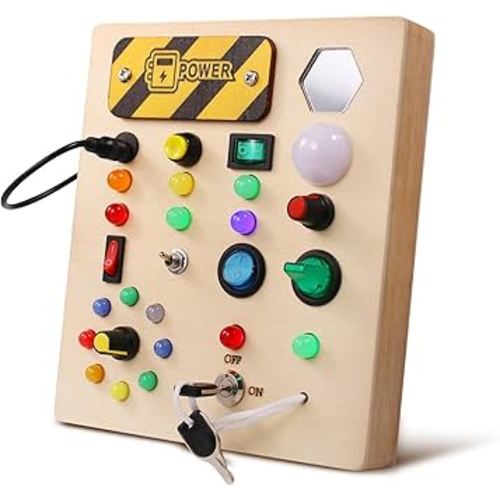 Montessori Busy Board for 1 2 3 Toddlers with LED Light Up Switch, Boys Girls Birthday Gift Preschool Learning Activities,Wooden Sensory Toys for 1-5Year Olds