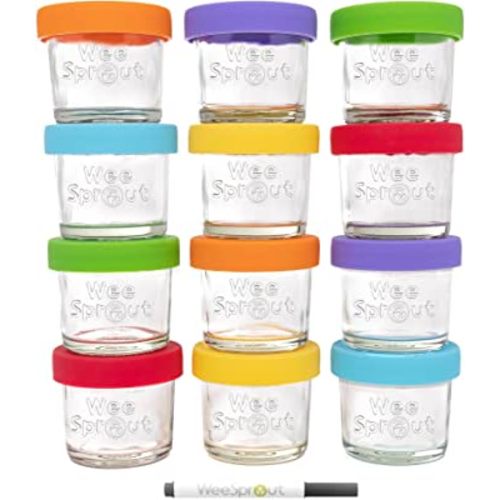 WeeSprout Glass Baby Food Containers - Set of 12, 4 oz Storage Containers, Leakproof and Airtight Silicone Lids, Freezer Safe Baby Food Jars, Measurement Markings, Microwave and Dishwasher Safe