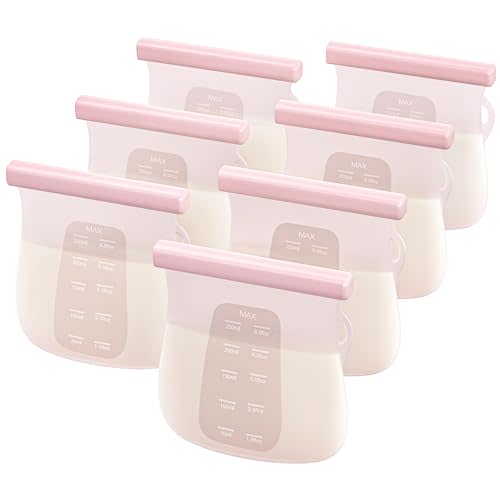 JellyRuru 7 PCS Reusable Breast Milk Storage Bags, 8.5oz 250ml LFGB Standard Silicone Breastmilk Freezer Storage Container, Leak-Proof & Self-Standing Milk Bags, Baby Food Bags
