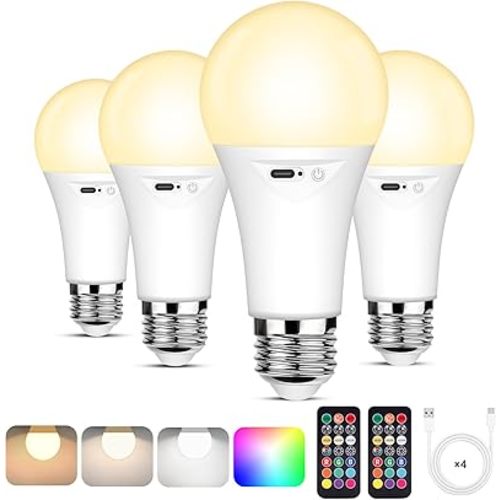 Yochoice 4-Pack Rechargeable Battery Powered Light Bulb, Dimmable A19 Light Bulb with 9 Colors Selectable & 3 Timer, Cordless Bulb for Lamps and Sconce with Remote Control