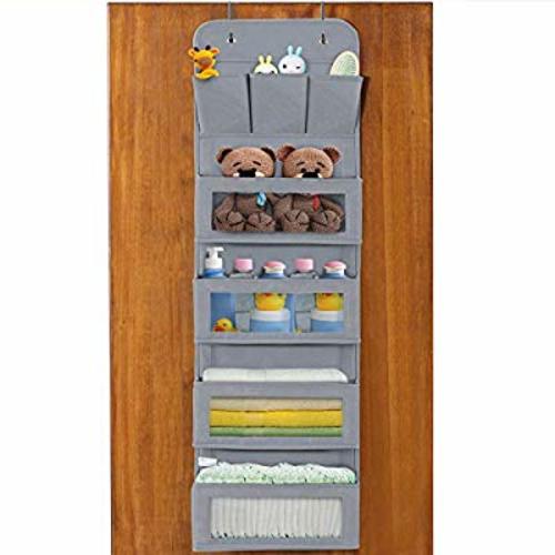 1Easylife Over The Door Hanging Wall Organizer Wall Mount Hanging Organizer Hanging Shelves, Over The Door Organizer Hanging Storage Organizer with 3 Smaller Pockets, 4 Larger Pockets (Clear Window) - Grey