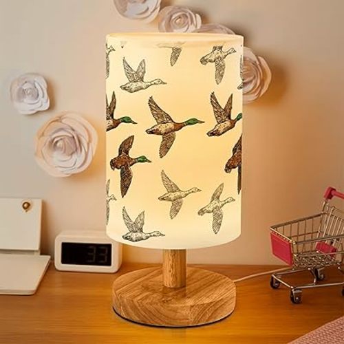 Flying Mallard Duck Bedside Table Lamp for Bedroom with USB Port, Funny Cozy Kids Nightstand Lamp with Wood Base Polyester Fabric Shade for Living Room Dorm Desk (Brown)