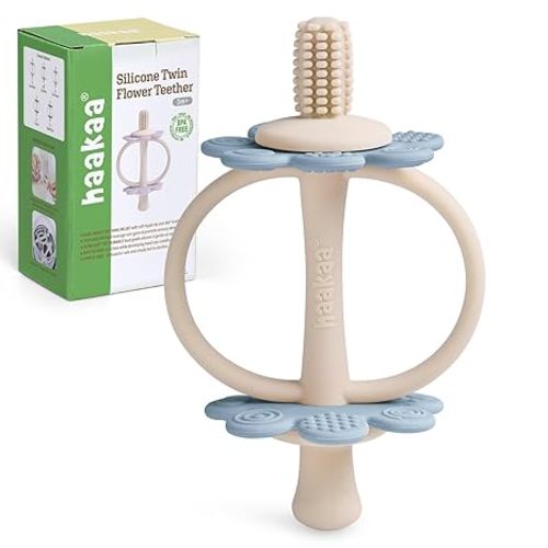 haakaa Silicone Baby Teether Toys,Nipple-Shaped End for Gum Massage,360° Baby Toothbrush Head for Self-Brushing Training,Easy to Grip - Sky Blue