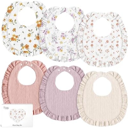 6 Pack Muslin Baby Bibs for Girls Boys, Drool Bibs with Ruffle Trim, Floral