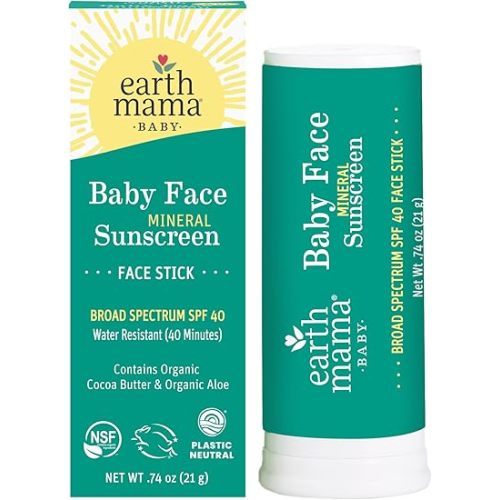 Earth Mama Baby Face Mineral Sunscreen Stick SPF 40 | Reef Safe, Non-Nano Zinc, Contains Organic Cocoa Butter & Aloe | Babies, Kids & Family 0.74-Ounce