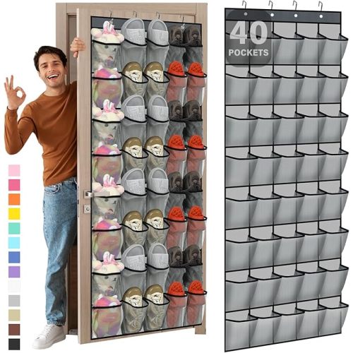 Windyun 40 Over The Door Shoe Organizer, Large Mesh Pocket Hanging Shoe Rack Hanger Large Capacity Gray Behind The Door Storage Holder for Dorm College Closet Entryway Bedroom Utility Room Women Men