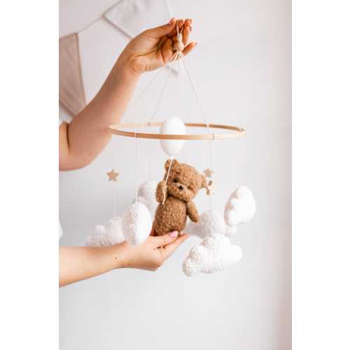 Teddy Bear Baby Mobile | Neutral Crib Mobile with Bouclé Clouds and Wooden Stars | Nursery Decor for Baby Boy or Girl