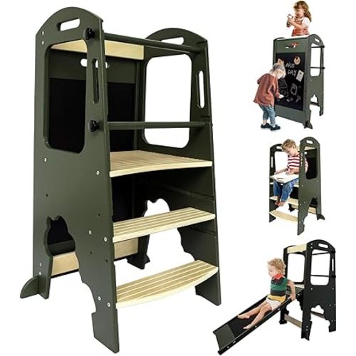 Toddler Kitchen Step Stool,Kids Standing Tower, Removable Anti-Drop Railing Safety Rail,A Anti-tip Structure More Stable, Natural Wooden
