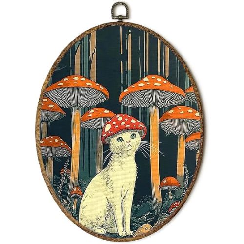 EGVQK Vintage Funny Cat Oval Wall Art, Whimsical Cat with Mushroom Hat Framed Canvas Prints Wall Art, Retro Quirky Dark Academia Oval Canvas Hanging Decor for Bedroom Living Room Home, 8.5x11.5in