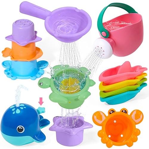 11 PCS Baby Bath Toys for Kids Ages 1-3, Open Design Mold Free Bath Toys, Bathtub Pool Water Toys for Toddlers 1-3 with Storage Bag, Whale Bath Toy & Stacking Cups & Watering Can, Boys Girls Gifts