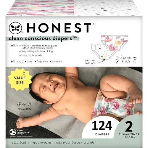 The Honest Company Clean Conscious Diapers for Sensitive Skin | Hypoallergenic, Fragrance Free | Girl Prints | Super Club Box, Size 2 (12-18 lbs), 124 Count