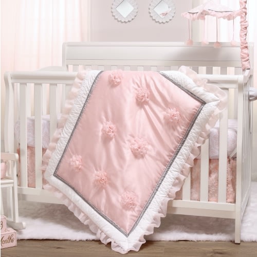 The Peanutshell Pink Floral Embroidered 3 Piece Nursery Crib Bedding Set