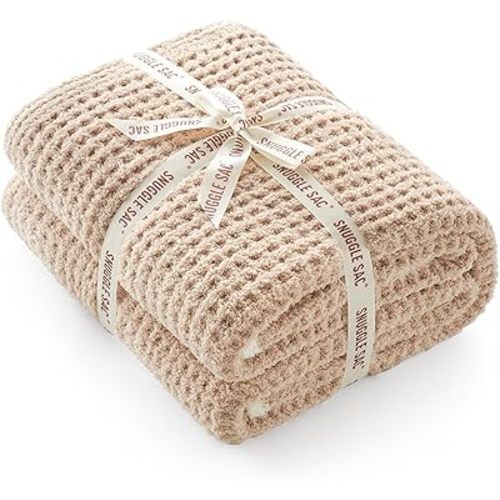 Snuggle Sac Waffle Throw Blanket for Couch Bed Sofa 50x60 inches, Reversible Beige Blanket Microfiber Fluffy Fuzzy Cozy Knit Soft Throws for Women Mothers Birthday Gifts