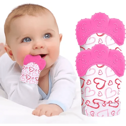 2Pack Silicone Teething Mitt, Soothing Infant Teething Mitten Pain Relief, Prevent Scratches Glove, Safe Silicone Teething Toys for 0-12 Months