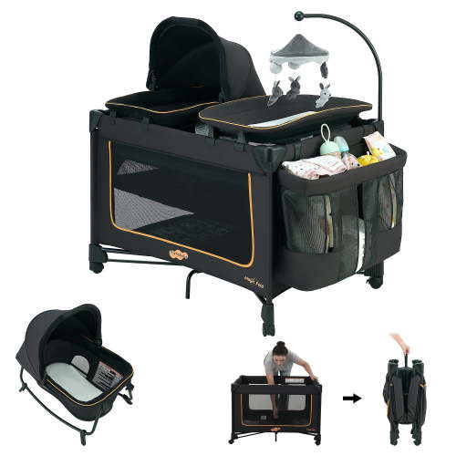 Pamo Babe Baby Playard, Magic Fold Bassinet and Changing Table, 4 Panels, Black