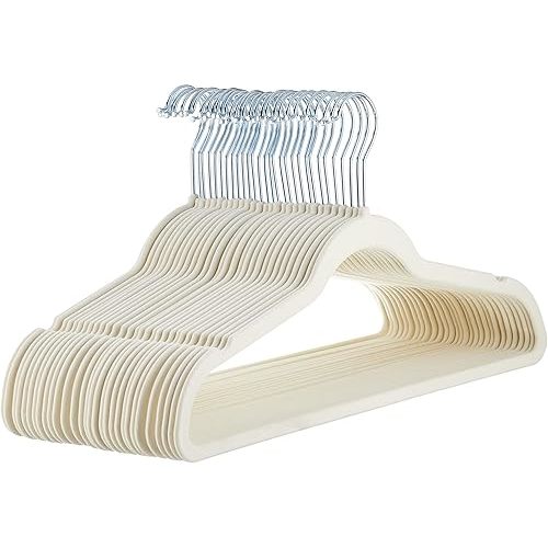 Amazon Basics Slim, Velvet, Non-Slip Suit Clothes Hangers, Ivory/Beige- Pack of 30