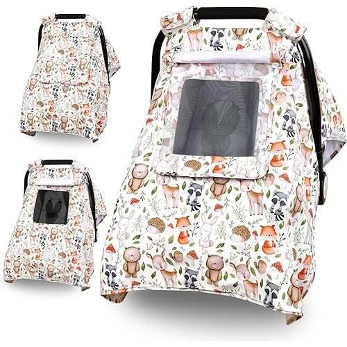 Baby Car Seat Cover, Infant Carseat Canopy with 3 Layers Windows, Breathable Mesh Peep Window, Kick-Proof Carrier Cover for Boys Girls, Windproof Stroller Cover Shower Gift for Newborn