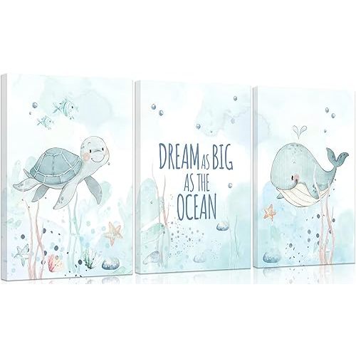 Ocean Nursery Canvas Wall Art Sea Turtle Whale Animal Painting Picture Wall Decor Sea Kids Room Poster Print Artwork for Baby Boys Girl Children's Room Bedroom Home Decoration