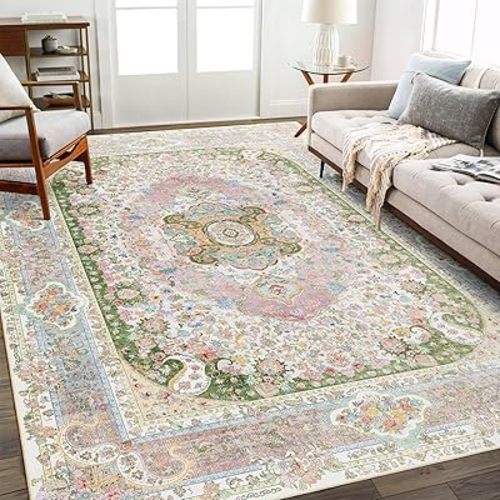 8x10 Area Rugs Washable,Pink Rug for Living Room Bedroom Dining Room,Large Boho Vintage Bohemian Distressed Carpet Non Slip,Blush Green