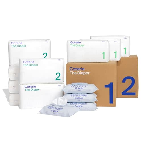 Coterie Baby Wipes + Diapers Kit, Size 1 (99 Count) & Size 2 Diapers (186 Count), 4 Pack (224) Baby Wipes with 99% Water, Plant Based Materials, Hypoallergenic for Sensitive Skin