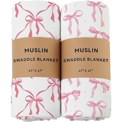 2 Pack Pink Bow Muslin Swaddle Blankets 70% Bambo 30% Cotton Breathable Receiving Blankets Newborn Essentials for Baby Girl Soft and Large 47 x 47 Inches (Bow)