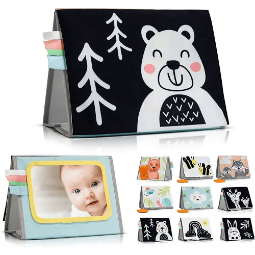 ZICOTO Soft Tummy Time Book with Large Stimulating Baby Safe Mirror - High Contrast Montessori Sensory Developmental Toy for Newborn/Infant 0-3 & 3-6 Months