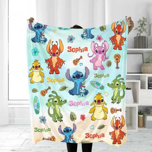 Personalized Stitch Blanket,Custom Name Angel Experiments Gift,Ohana Family Throw,Cute Alien Monster,CozyFleece Nursery Decor,Hawaiian Beach