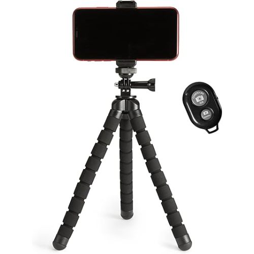 Amazon Basics Portable and Flexible Tripod with Wireless Remote and Smartphone Clamp, 10-inch long, Black