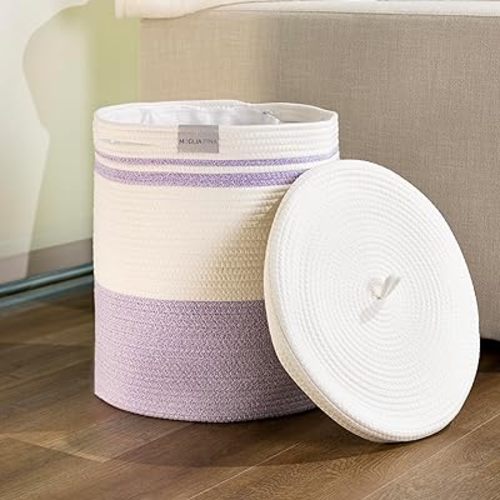 Cotton Rope Laundry Hamper Basket by MagliaFina, Removable Liner, Clothes Hamper with Handles for Bedroom, Nursery, and Living Room Storage (Purple, Medium)