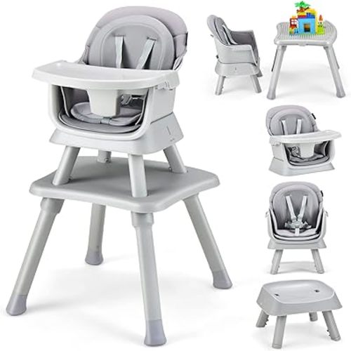 HONEY JOY 8 in 1 Baby High Chair, Convertible Highchair for Babies and Toddlers/Table and Chair Set/Building Block Table/Booster Seat/Stool/Toddler Chair with Safety Harness (Gray)