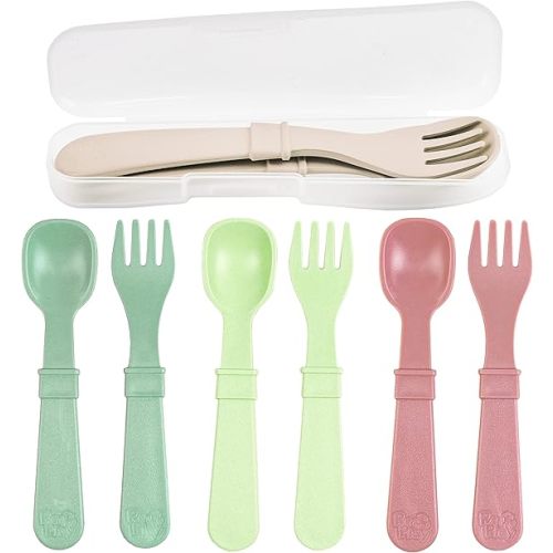 Re-Play Made in USA Toddler Forks and Spoons, Pack of 8 With Carrying Case - 4 Kids Forks with Rounded Tips and 4 Deep Scoop Toddler Spoons - 0.2" Thick Toddler Utensils with Case, Cactus