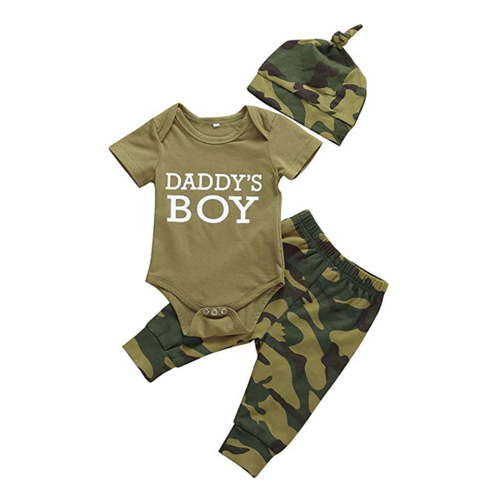 Yinyinxull Daddy's Baby Boy Outfits Camouflage Letter Print Romper Long Pants Hat Clothes Set 0-3 Months