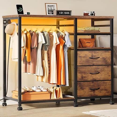 WLIVE Dresser with Hanging Rack for Bedroom, 3 Drawer Dresser with LED Lights & Charging Station, Fabric Dressers & Chest of Drawers, Storage Organizer with Open Shelves for Living Room, Brown
